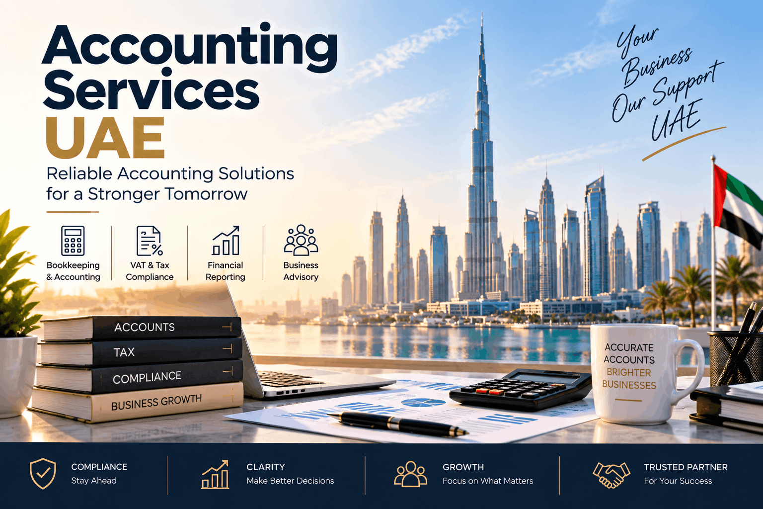 Accounting Services UAE banner showing bookkeeping, VAT and tax compliance, financial reporting and business advisory